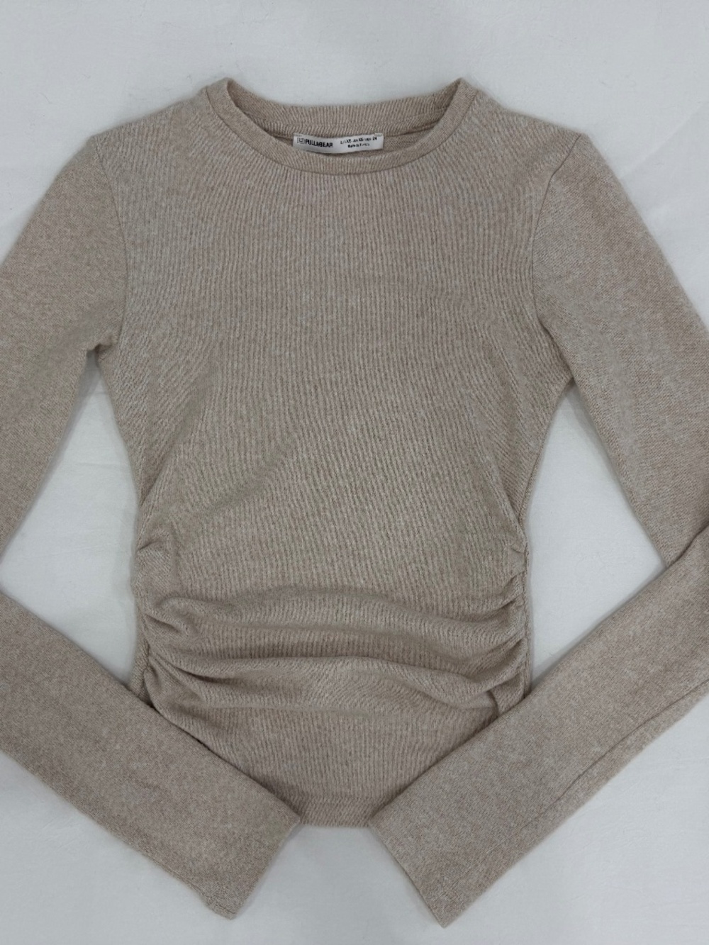 Pull & Bear Long Sleeve Ruched Knit Top in Cream